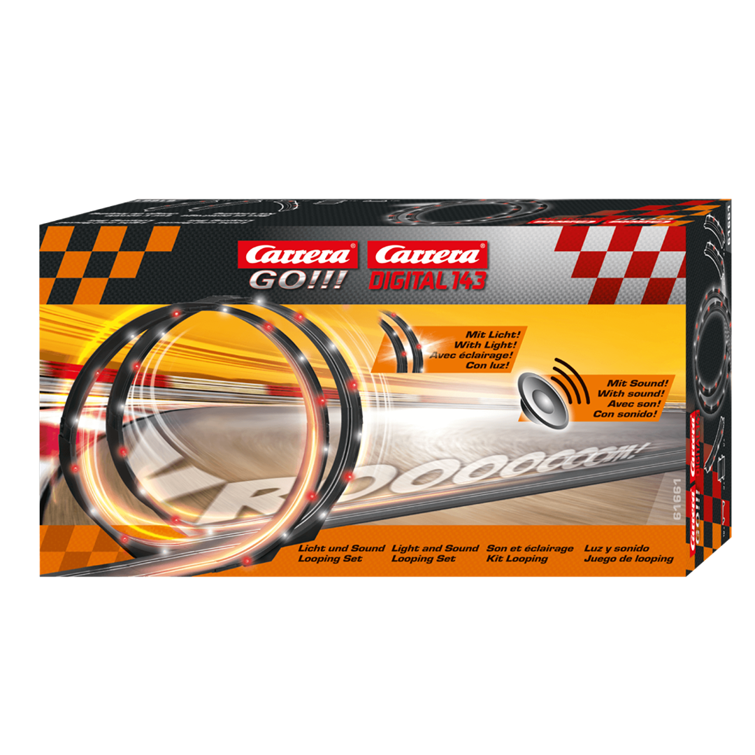 Packaging of a light and sound looping toy set featuring glowing race track loops with motion effects and sound icons