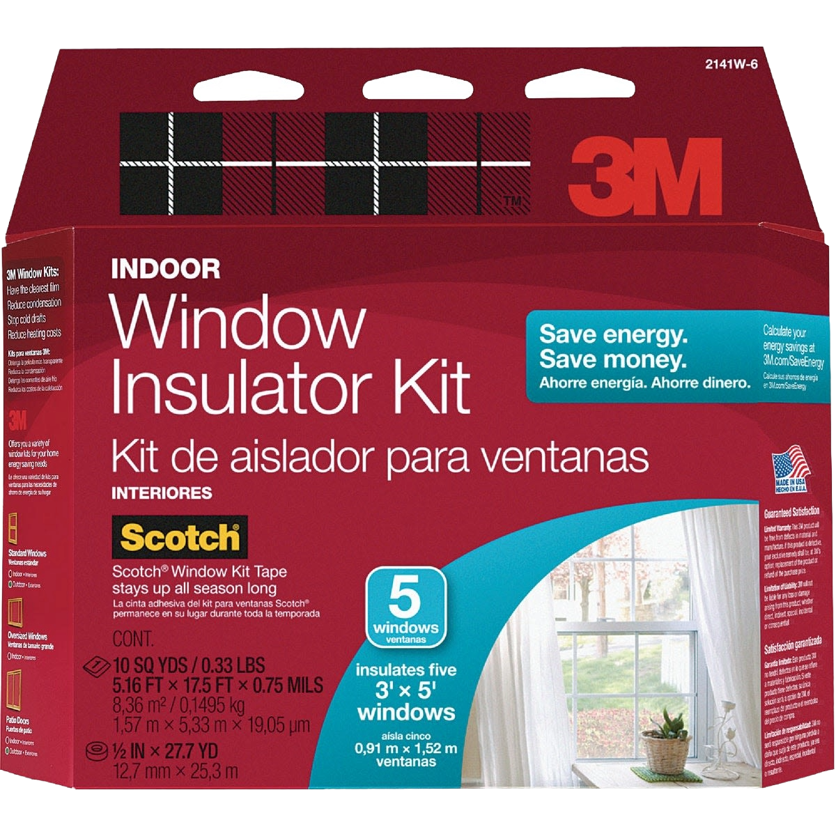 3M indoor window insulation kit packaging with promotional text highlighting energy savings, included tape, and coverage for five windows