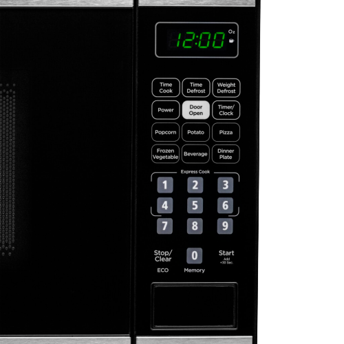 Close-up of black microwave control panel showing digital clock and labeled buttons for cooking and defrosting functions