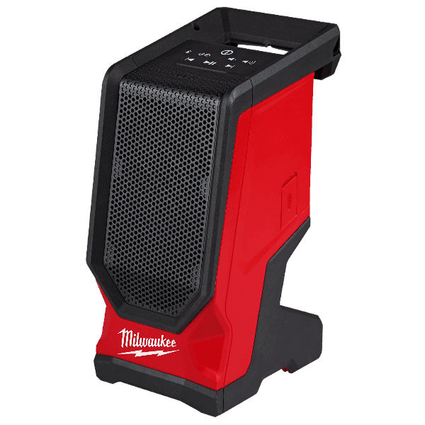 Portable red and black Bluetooth speaker designed for rugged jobsite use in tools and home improvement tasks