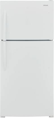White top freezer refrigerator with simple handle design, suitable for garages and kitchen appliance collections
