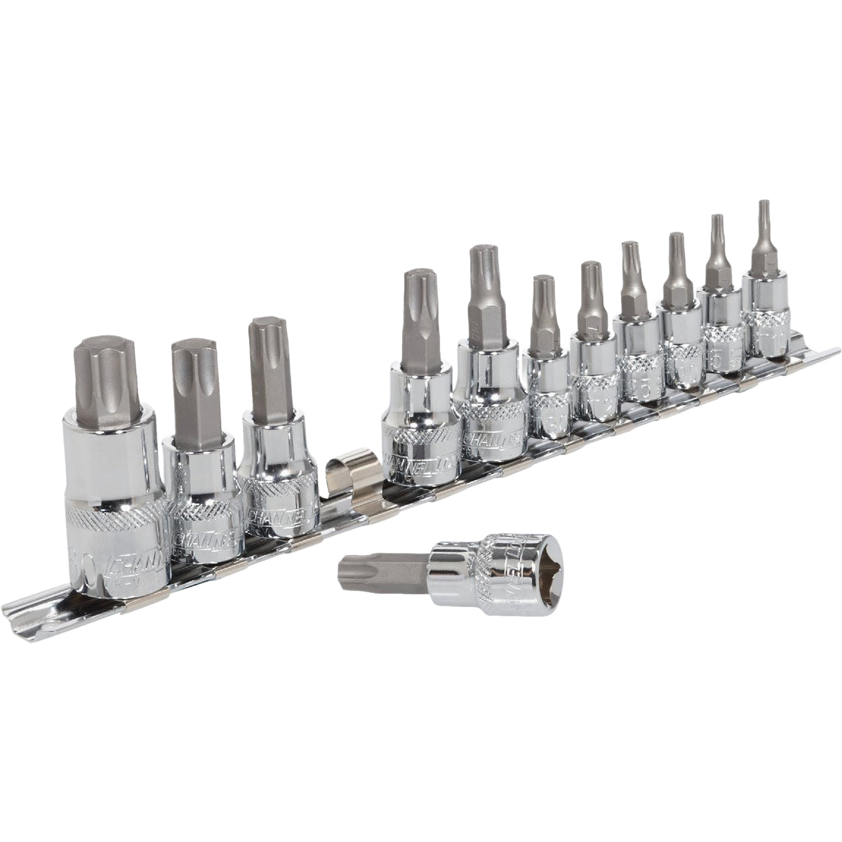 Set of 12 chrome-plated Torx socket bits arranged on metal rail for tools and home improvement tasks
