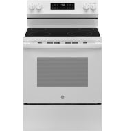 White free-standing electric range with smooth cooktop and digital control panel from appliances and kitchenware collection