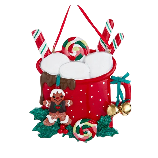 Red festive mug ornament filled with marshmallows, candy canes, and gingerbread man for Christmas tree decor collections