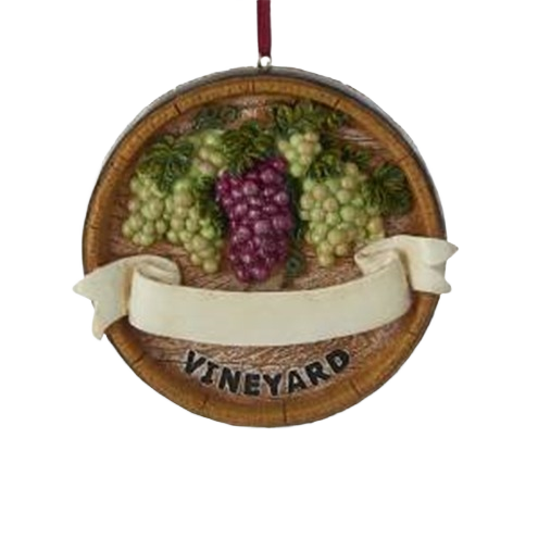 Round holiday ornament with purple and green grape clusters and a blank banner over vineyard text under $50
