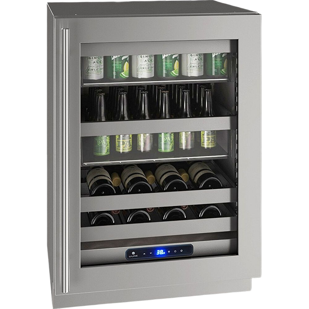24-inch stainless steel beverage center with right-hinged glass door, digital temperature display, and multiple shelves for beverages