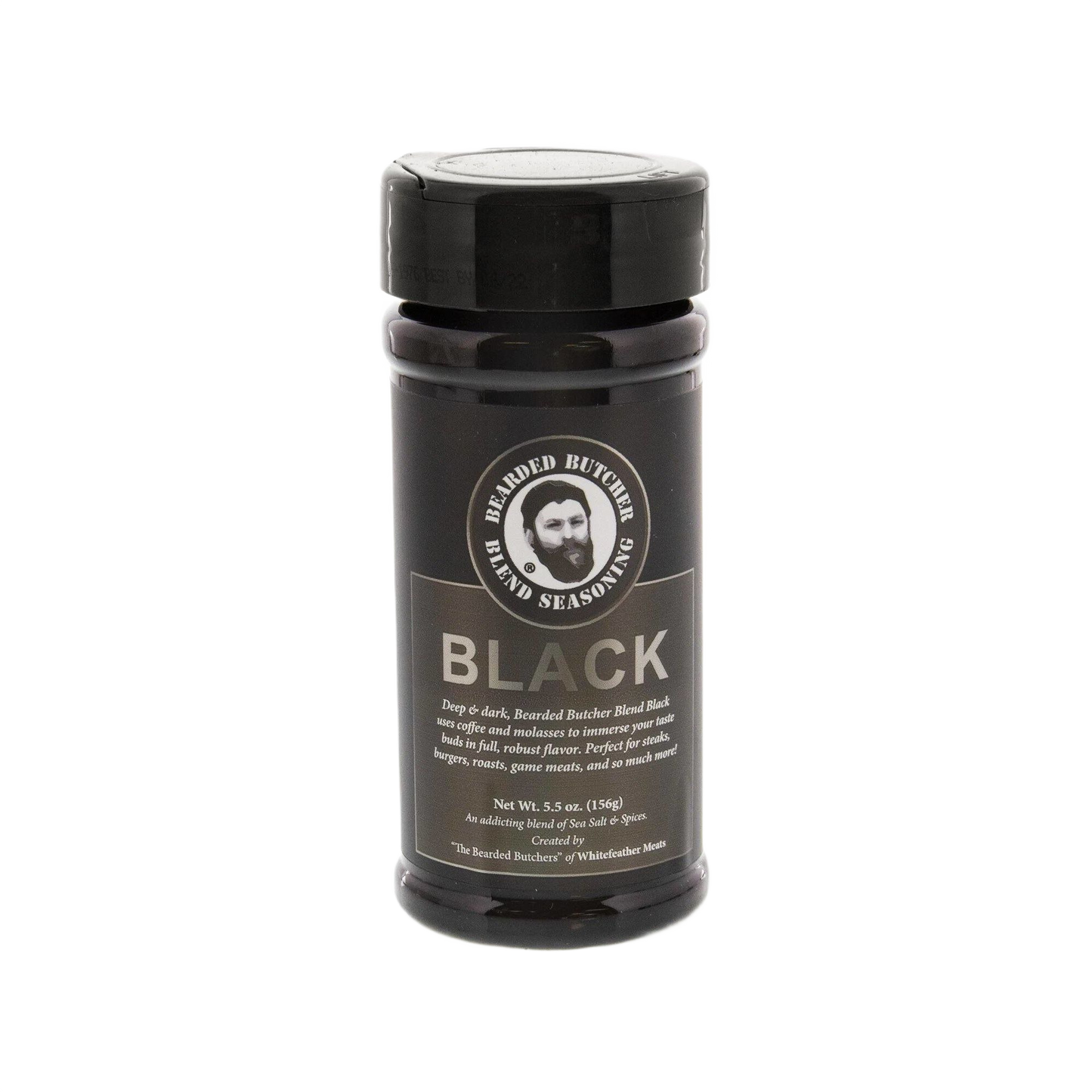 Dark seasoning blend bottle with coffee and molasses flavors for grilling and BBQ sauces and spices collections