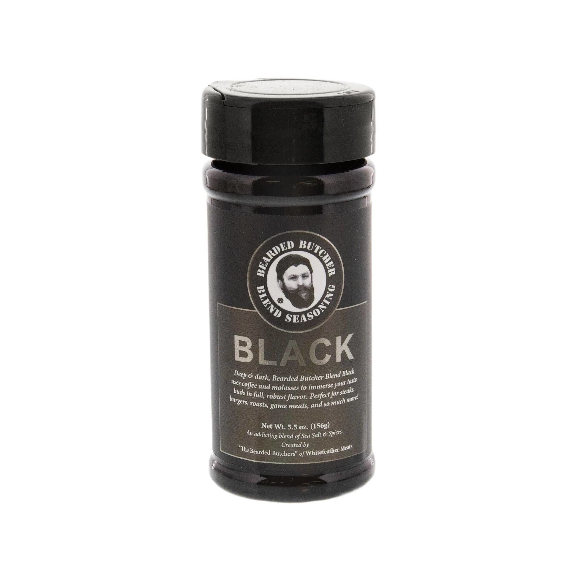 Dark seasoning blend bottle with coffee and molasses flavors for grilling and BBQ sauces and spices collections