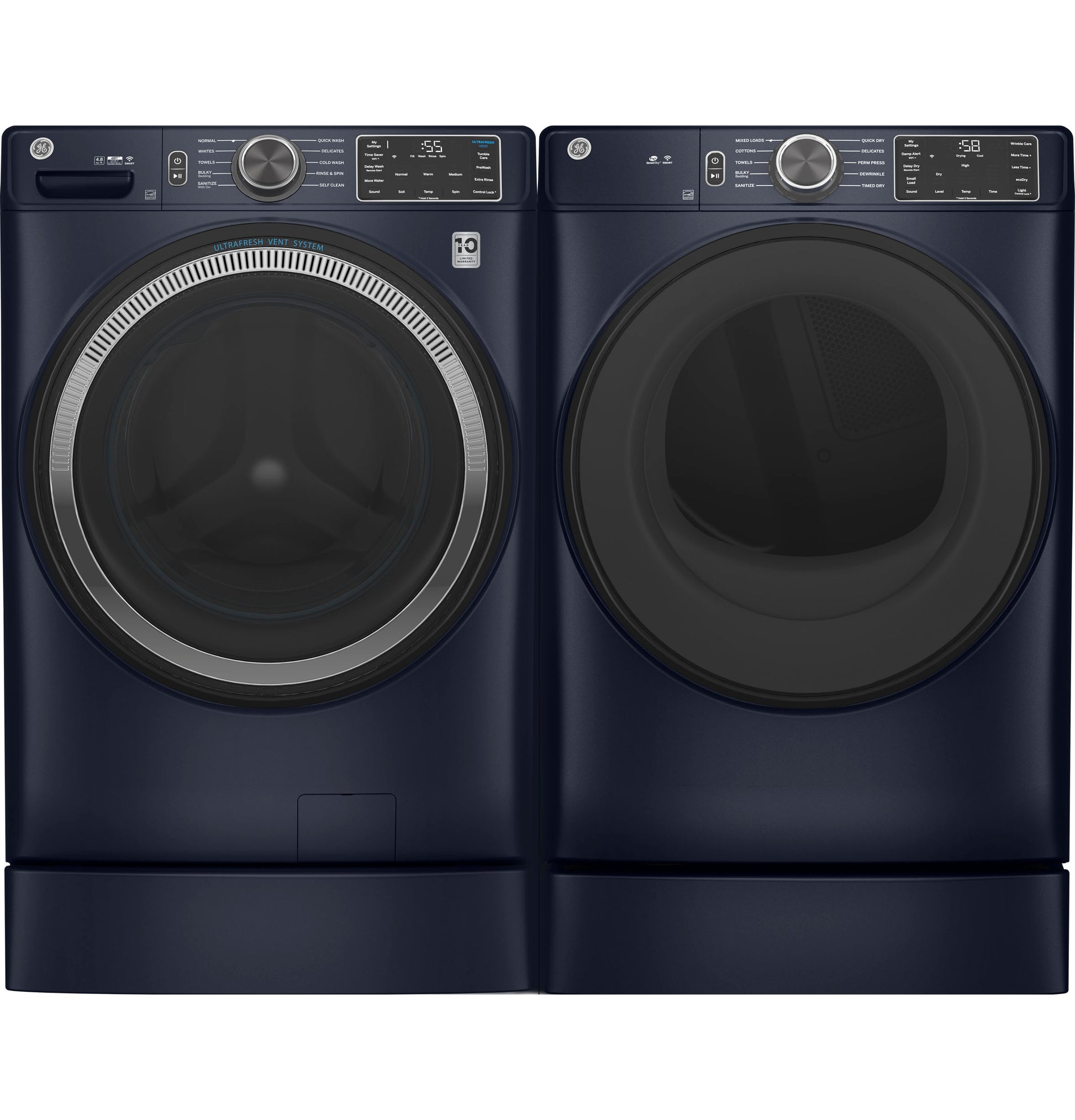 Pair of dark blue front-load washer and dryer on 7-inch risers for Appliance Parts & Accessories in home improvement