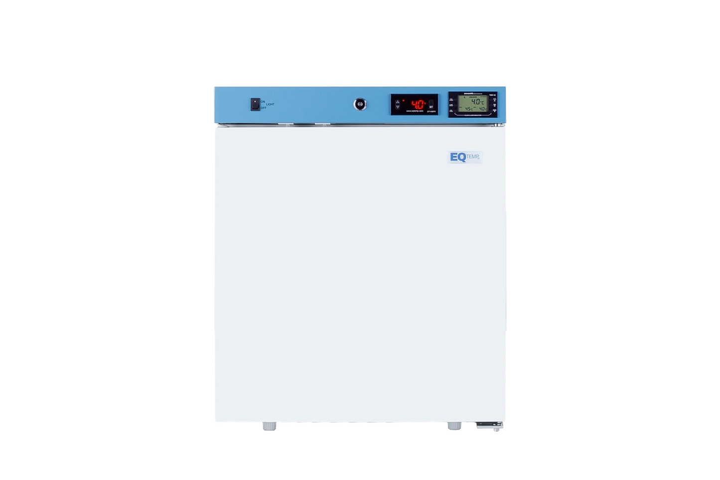 Compact medical refrigerator with clean white exterior, blue control panel featuring digital temperature display and adjustable settings for healthcare storage.