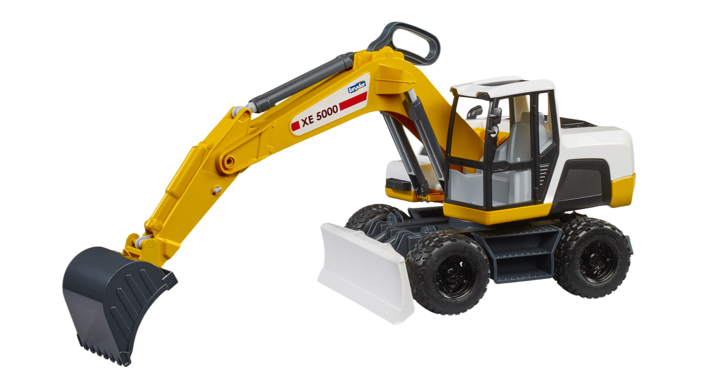 Yellow and white Bruder XE 5000 Excavator model with movable arm and black digging bucket for play and display