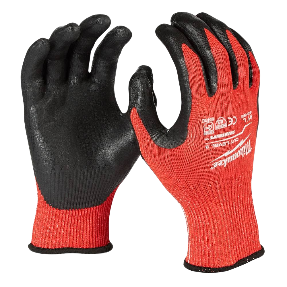 Pair of red and black nitrile coated gloves with cut resistance for safety and work gloves in hardware and PPE collections