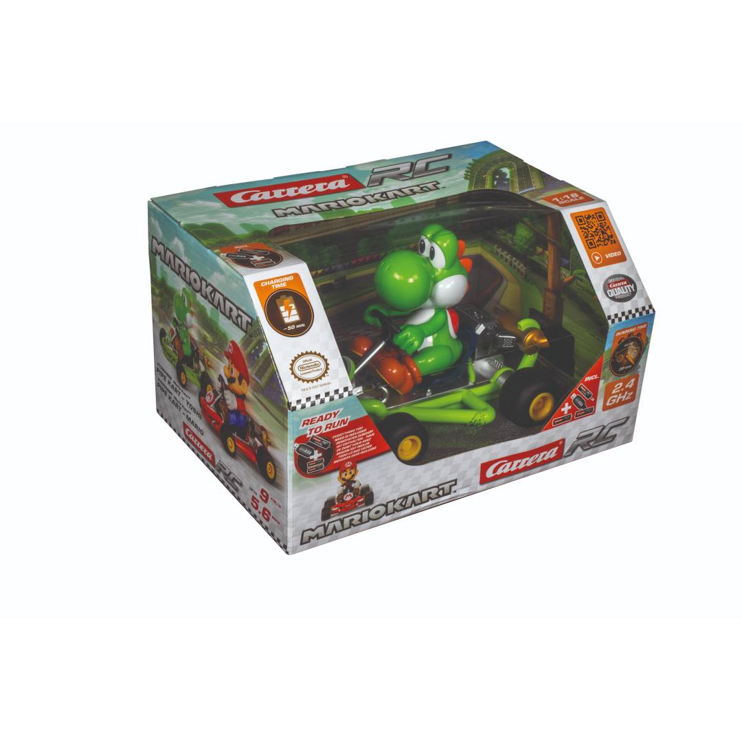 Green Yoshi figure seated in a detailed remote control pipe kart with orange wheels and racing decals in display box