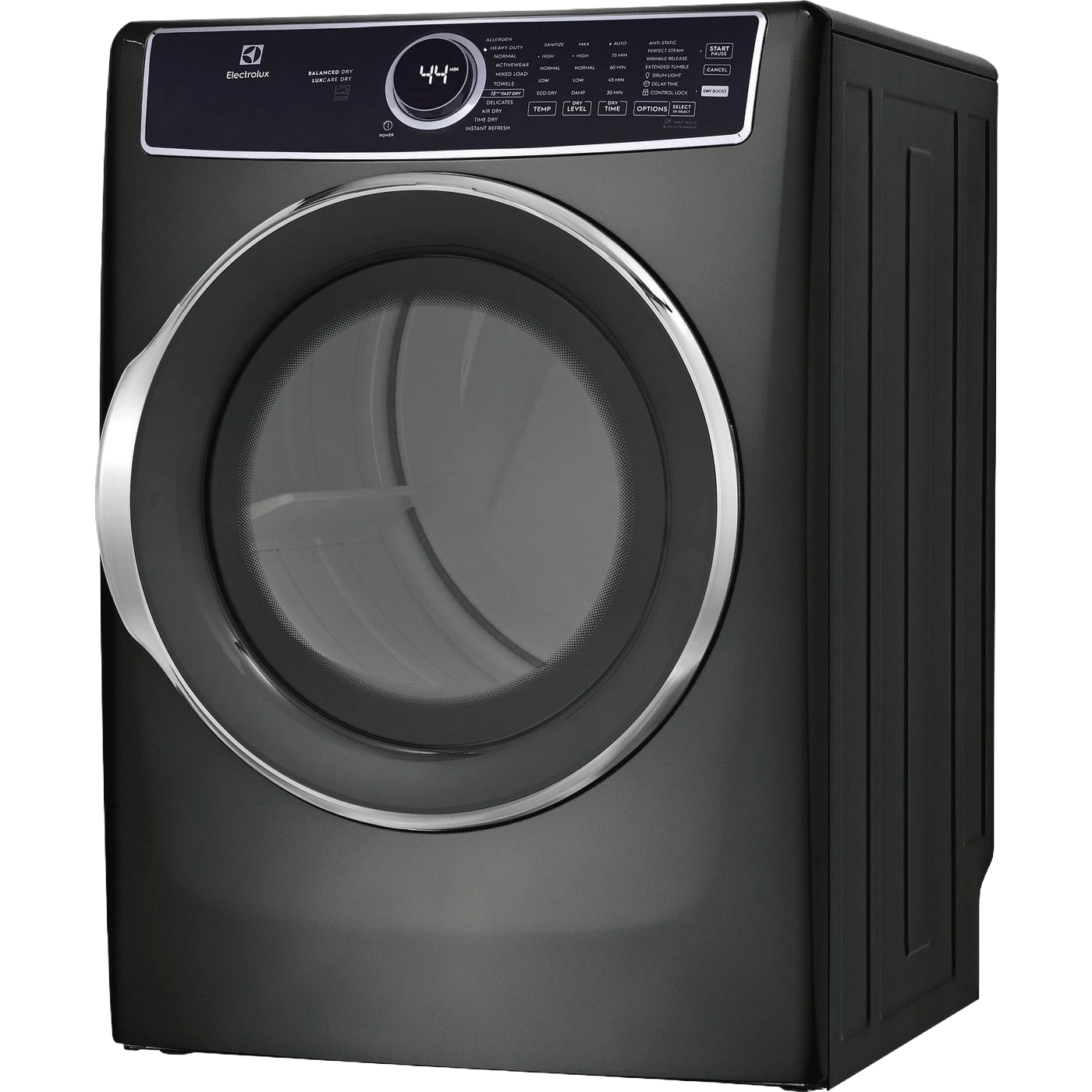 Dark gray front load electric dryer with illuminated digital display and control panel from Dryers collection