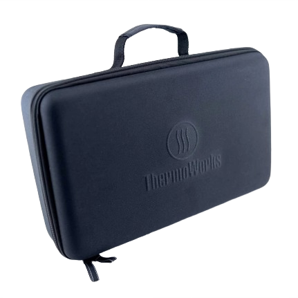 Black zippered storage case with handle and embossed ThermoWorks logo for organizing tools and accessories
