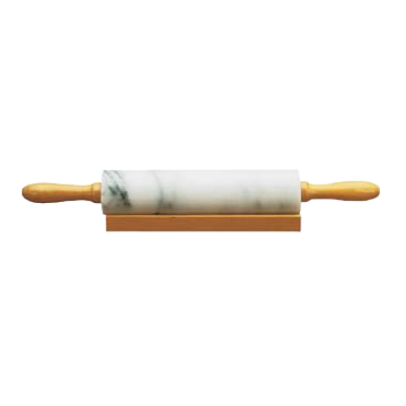 Marble rolling pin with smooth wooden handles resting on a wooden holder from kitchenware bakeware collection under $50