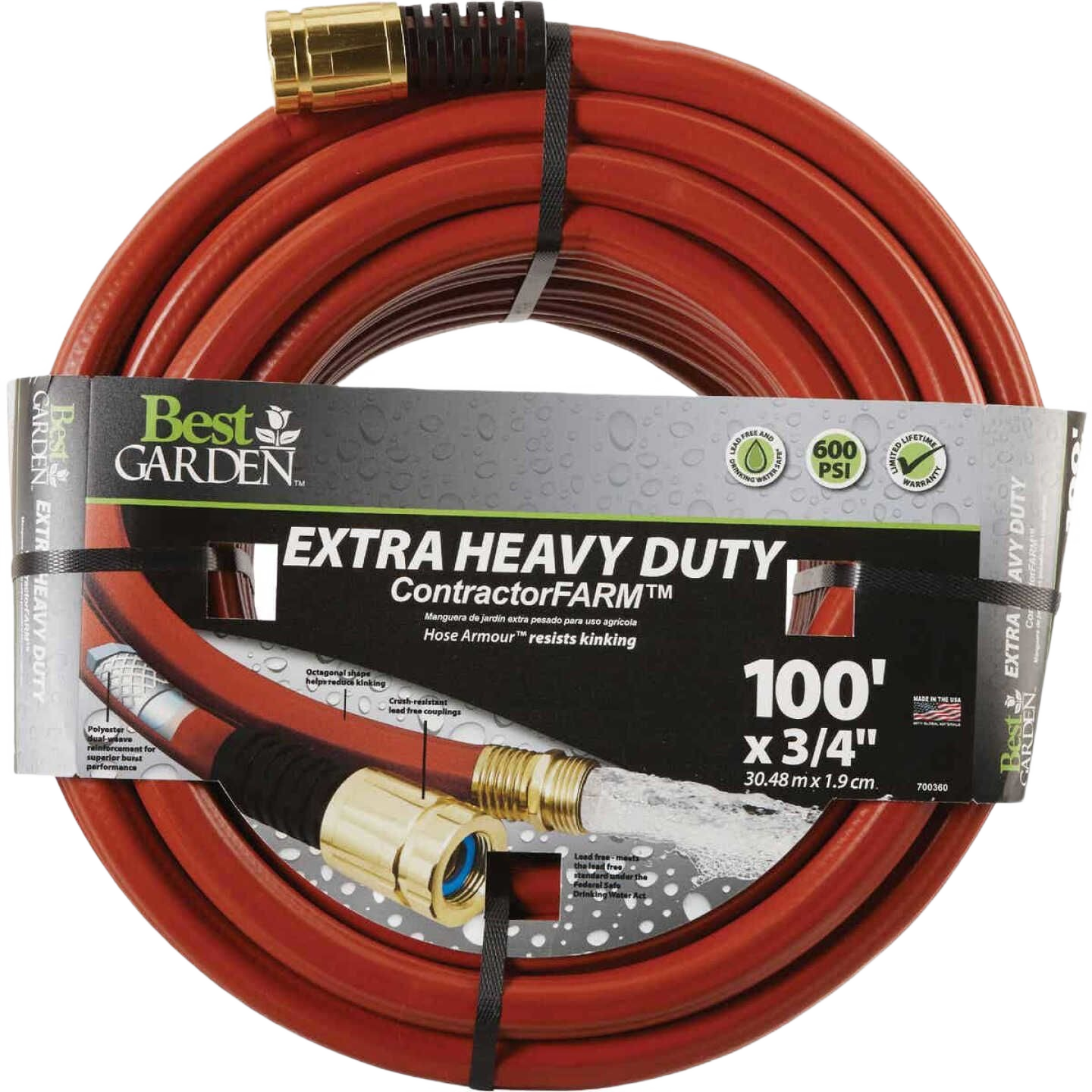Heavy duty 100 ft garden hose with brass fittings designed for durability in tools and home improvement projects