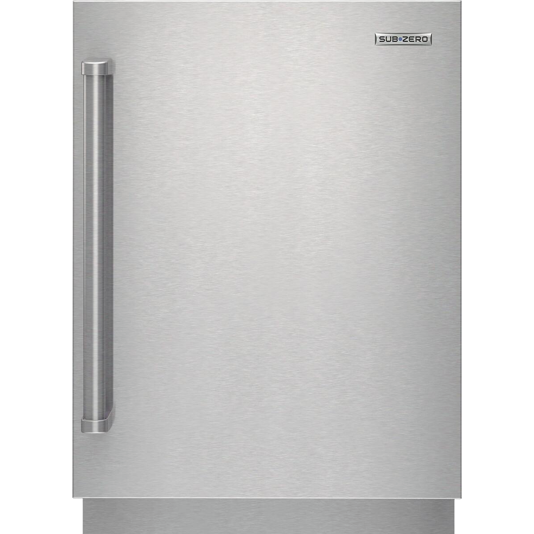 Stainless steel under counter refrigerator with vertical tubular handle and right hinge, part of kitchen appliances collection