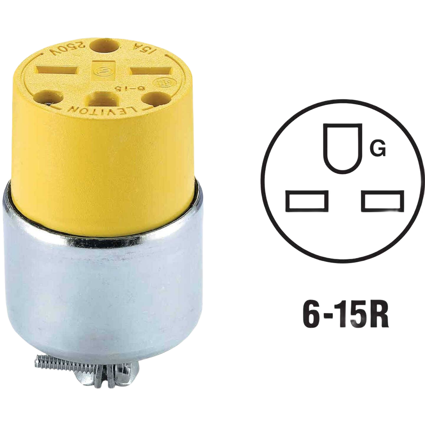 Yellow and metal 15 amp cord connector with grounding, suitable for electrical and home improvement use