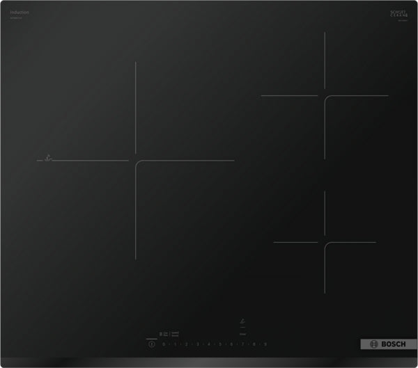 Black glass 24-inch induction cooktop with three cooking zones and touch controls in Bosch kitchen appliance collection