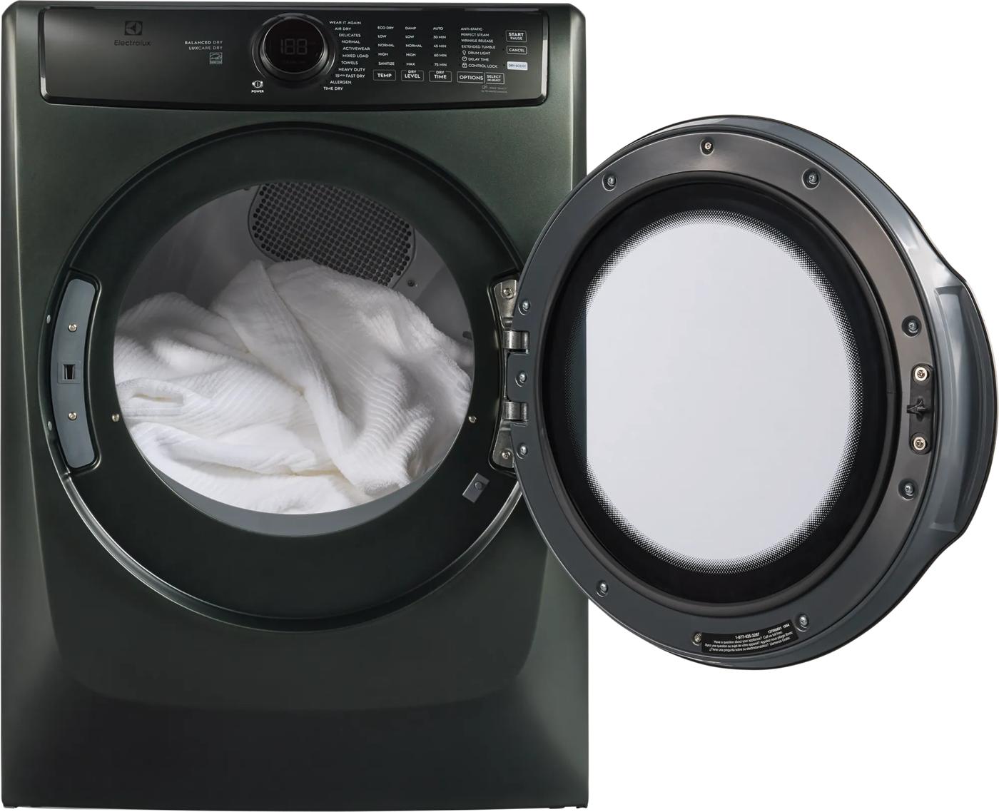 Front load gas dryer in dark finish with open door showing white fabric inside for home appliances and gas dryers collection