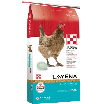 50-pound bag of Purina Layena Crumbles poultry feed with egg-laying hen and egg illustration on packaging
