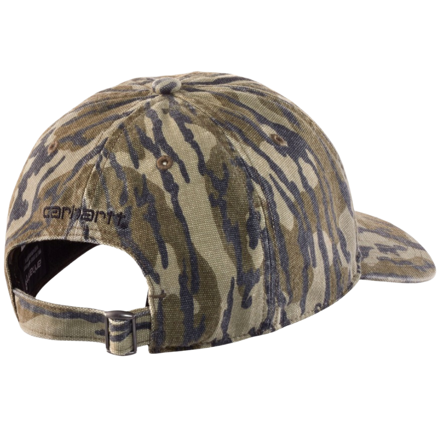 Adjustable men's cotton canvas cap with mossy oak camo pattern and subtle embroidered logo on back strap