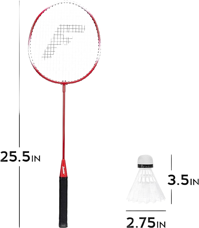 Red badminton racket with black handle next to white plastic shuttlecock for casual outdoor play and sports activities