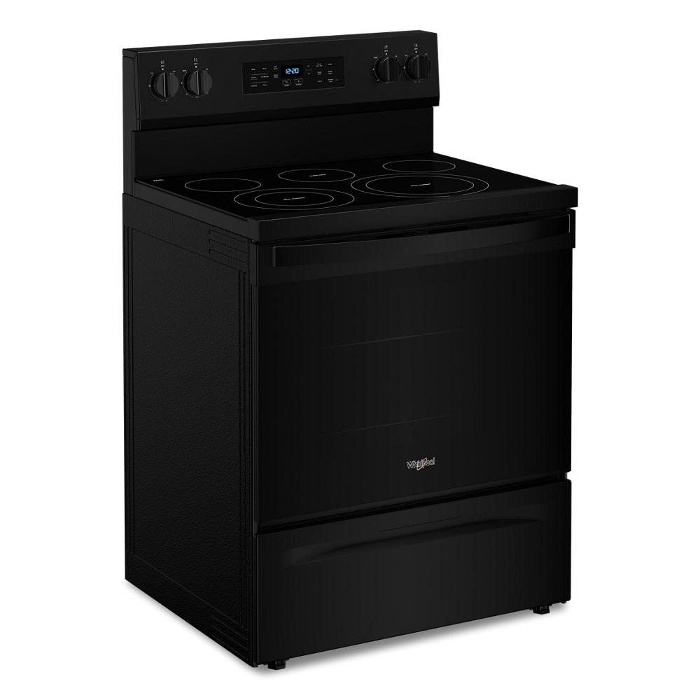 Black 30-inch electric range with smooth cooktop, digital controls, and lower storage drawer from Ranges & Kitchenware collection