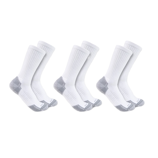 Three sets of white midweight cotton blend crew socks with gray heel and toe accents for men's clothing and accessories collections