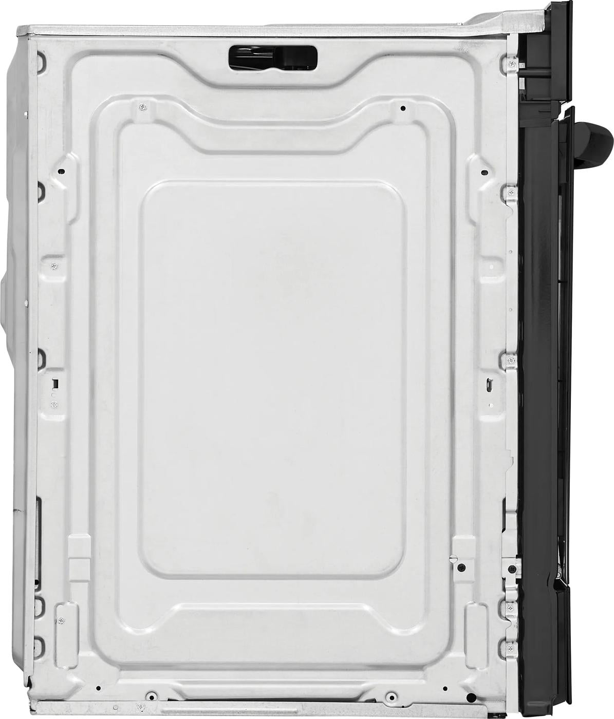 Side view of metal casing and black control panel section for kitchen electric wall oven appliance