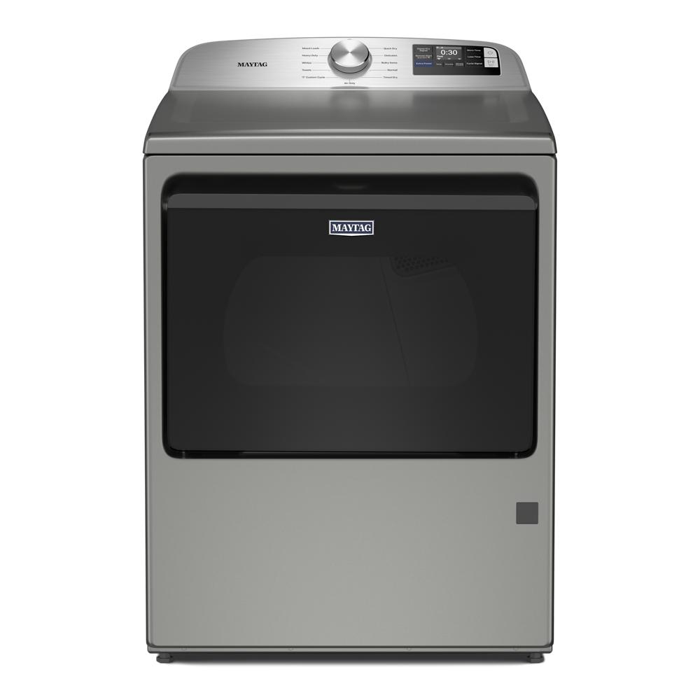 Modern top load gas dryer in gray with digital display and control knob, part of Dryers and Appliances collections at Hartville Hardware