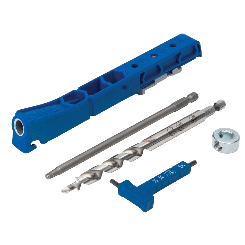 Blue plastic pocket-hole jig with drill bits and a metal depth collar for woodworking tools and home improvement tasks