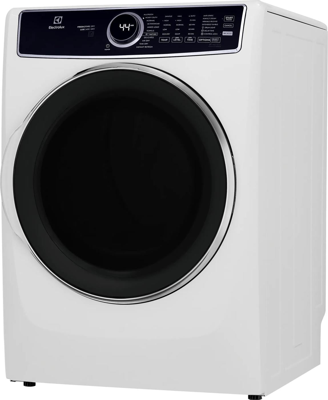 White front load gas dryer with large dark circular door and digital control panel in Dryers and Appliances collections