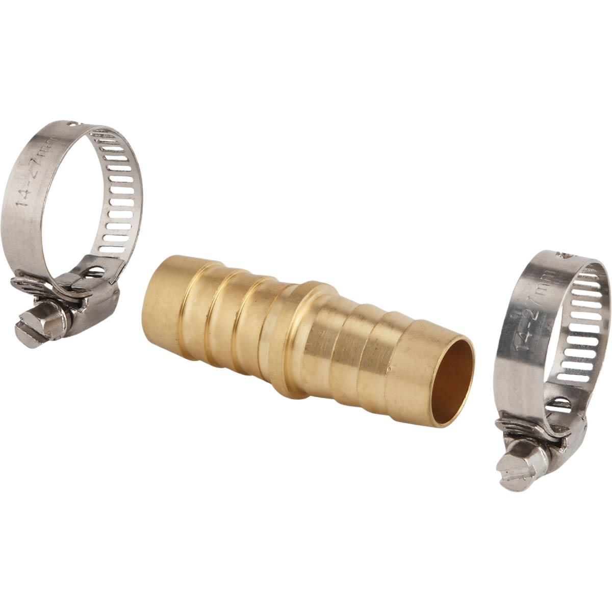 Brass hose end mender with two adjustable stainless steel clamps for watering and irrigation repairs under 50 dollars