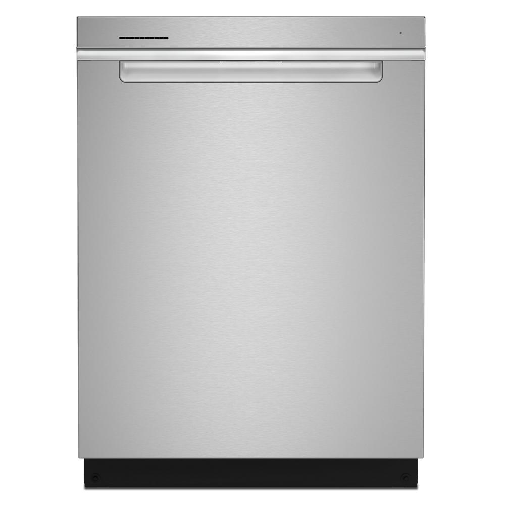 Front view of stainless steel dishwasher with integrated handle for kitchen and home improvement collections