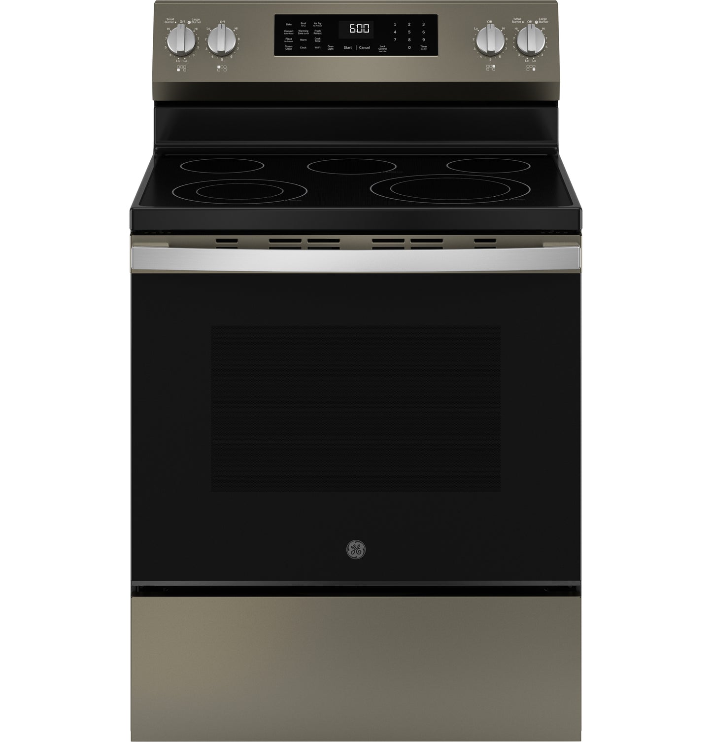 Front view of free-standing electric convection range with smooth cooktop and digital control from kitchen appliances collection