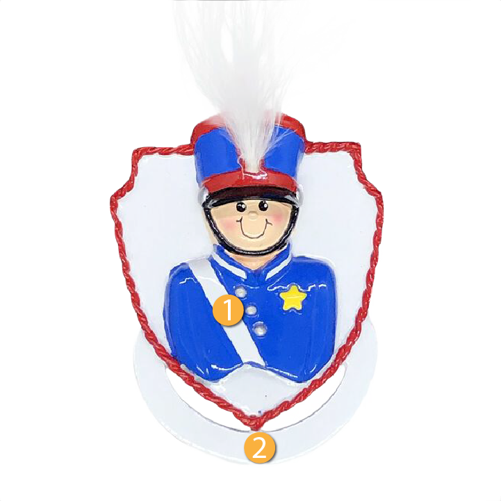 Boy figurine in blue marching band uniform with red hat and white plume for Christmas tree decoration under $50 collection
