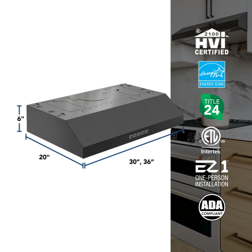 Black under-cabinet range hood with 350 CFM blower, 3-speed controls, designed for kitchen and range hoods collections