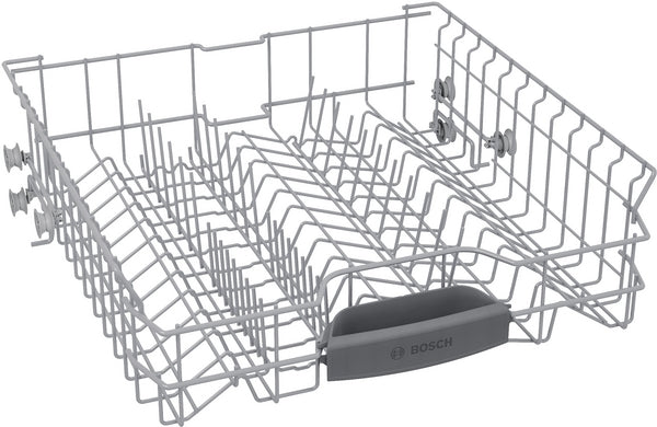 Gray dishwasher upper rack designed to hold cups and small dishes for Bosch kitchen appliance collections
