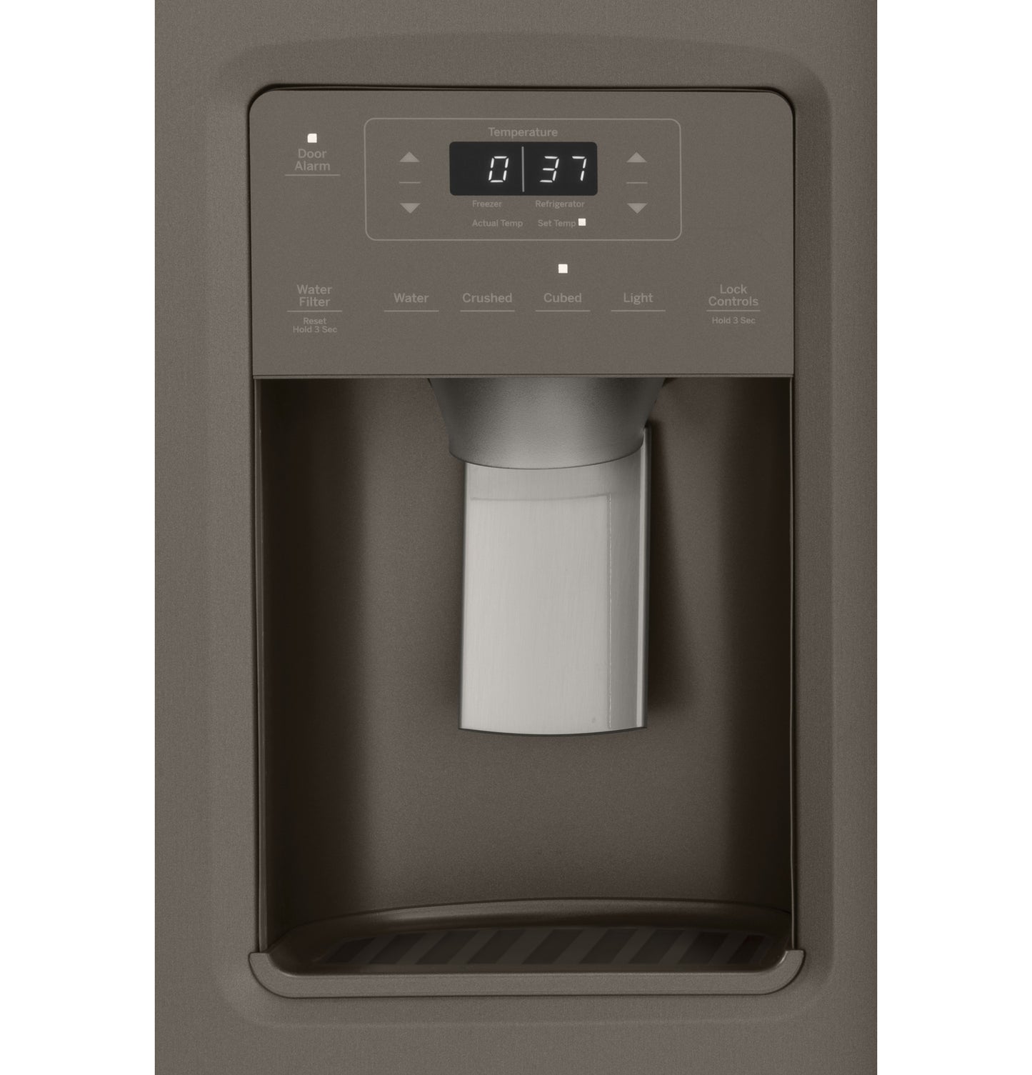 Digital control panel and dispenser for water and ice on counter-depth side-by-side refrigerator in kitchen appliances collection