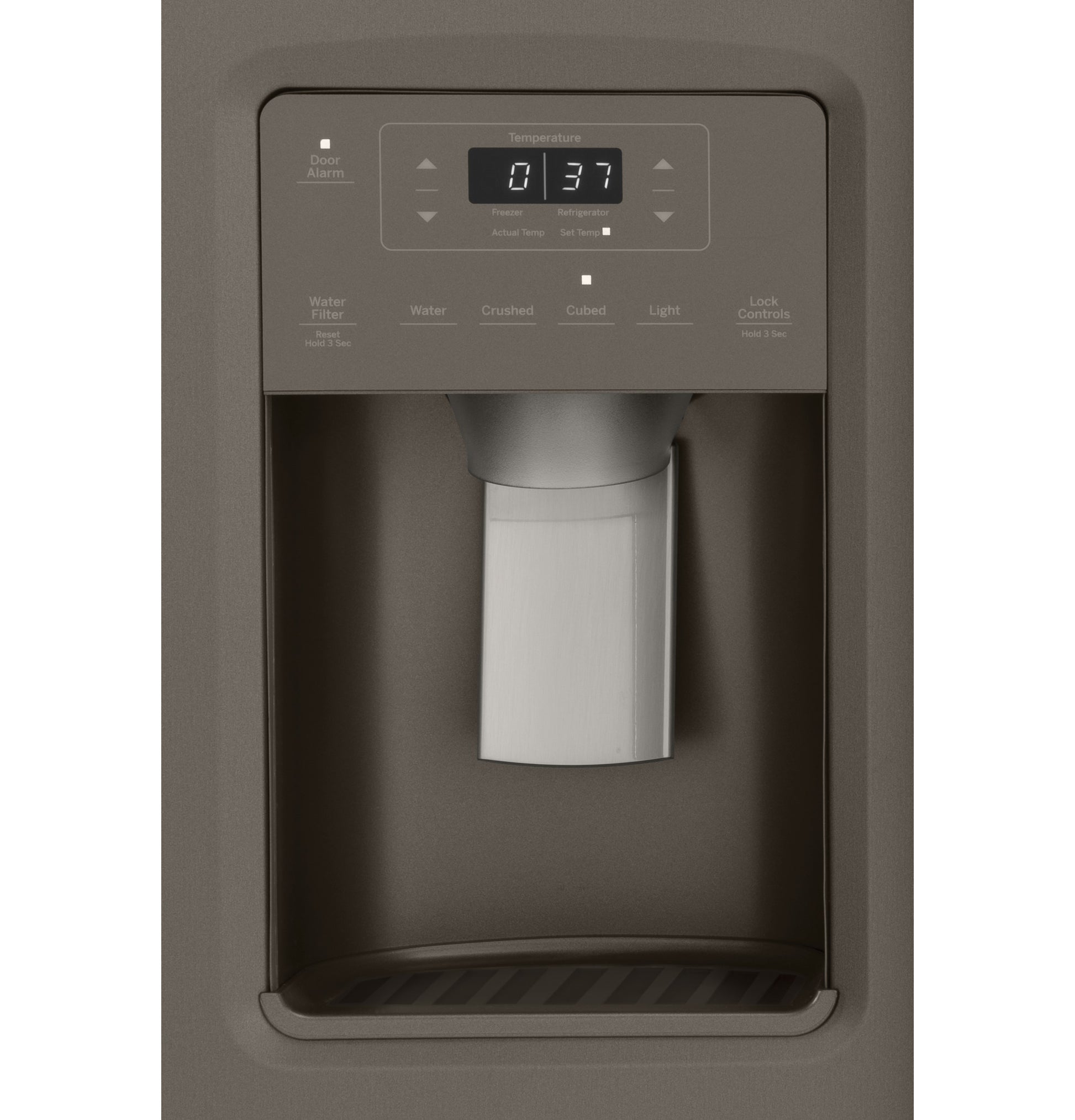 Digital control panel and dispenser for water and ice on counter-depth side-by-side refrigerator in kitchen appliances collection
