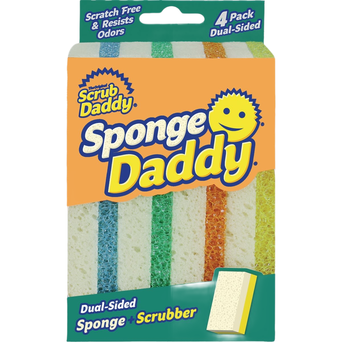 Package of four dual-sided cleaning sponges with scrubber, part of cleaning tools and home improvement under $50 collection