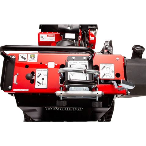 Top view of red Barreto track trencher control panel with boom tension adjustment and operational labels for rental equipment at Hartville Hardware.