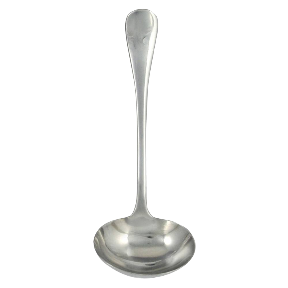Polished stainless steel sauce ladle with generous bowl and sleek handle for kitchen and tableware use