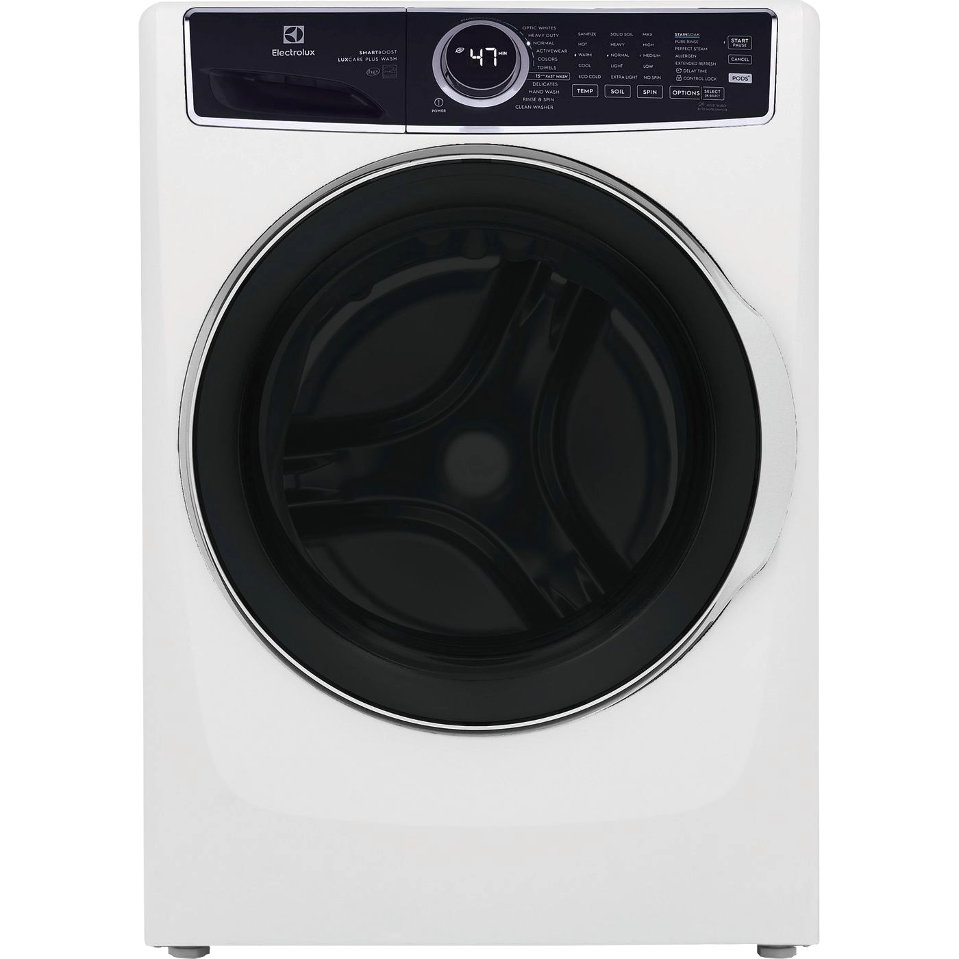 White front load washer with digital controls and large glass door, from washers and appliances collection