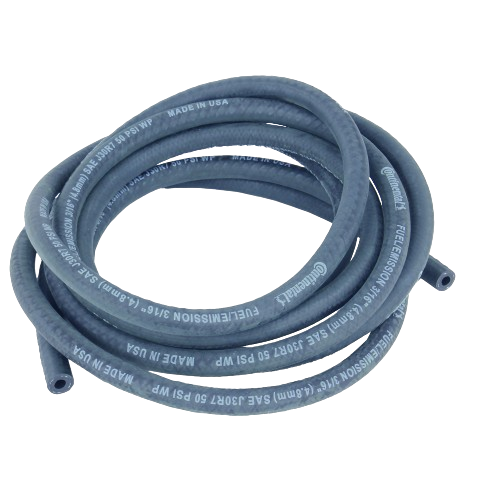 Coiled black fuel hose labeled SAE J30R7 with 3/16-inch diameter for automotive parts and mechanic tools collection