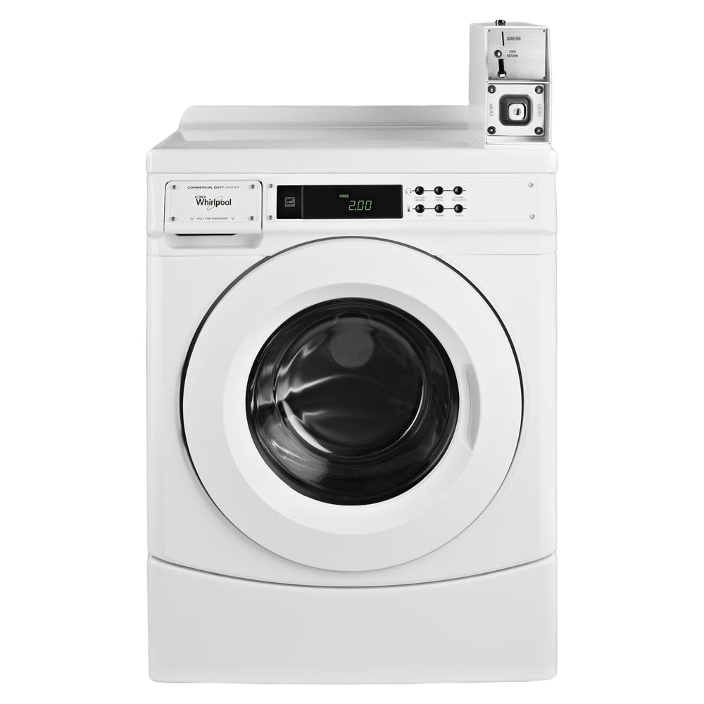White commercial front-load washer with coin drop and digital display from Front Load Washers and Appliances collections