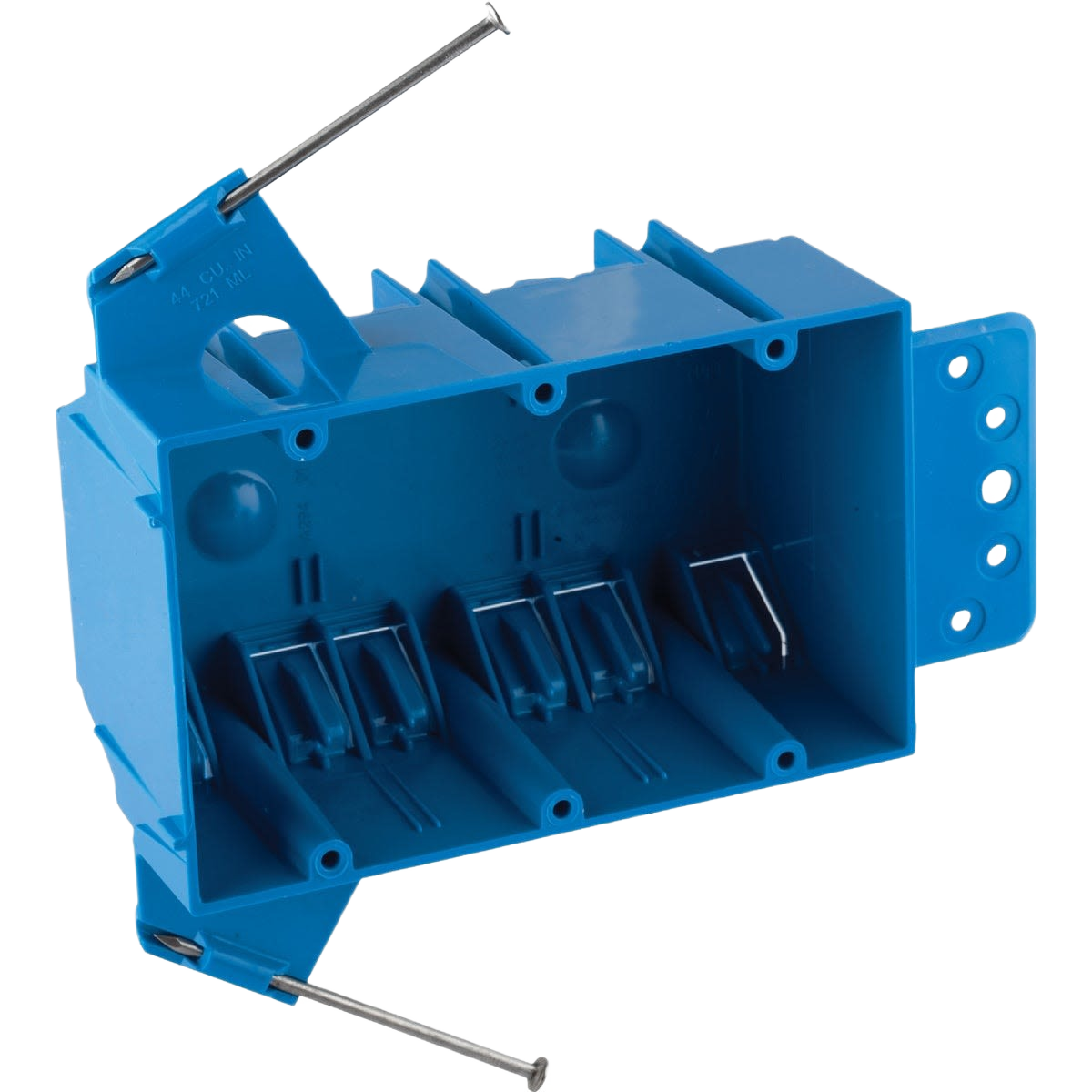 Blue 3-gang PVC electrical switch box with mounting brackets and metal support clips for home improvement use