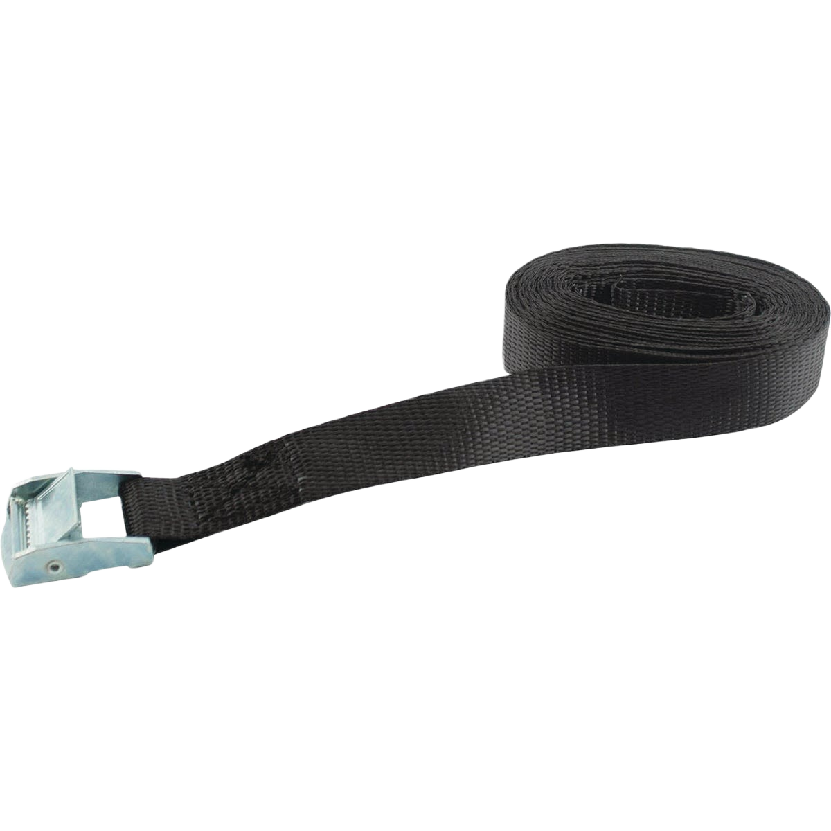 Black cam buckle strap made of durable webbing for securing items in tools and home improvement projects